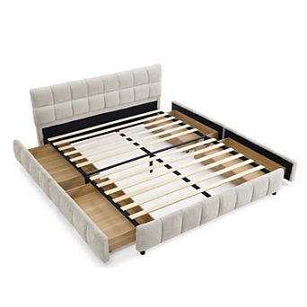 Pnronnc Queen Grounded Platform Bed Frame with 4 Drawers Soft Headboard Upholstered Low Profile Bed