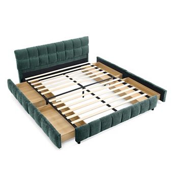 Pnronnc Queen Grounded Platform Bed Frame with 4 Drawers Soft Headboard Upholstered Low Profile Bed