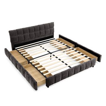 Pnronnc Queen Grounded Platform Bed Frame with 4 Drawers Soft Headboard Upholstered Low Profile Bed