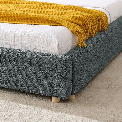 Pnronnc Upholstered King Bed Frame with Curved Headboard Soft Fabric Grounded Platform Bed Frame