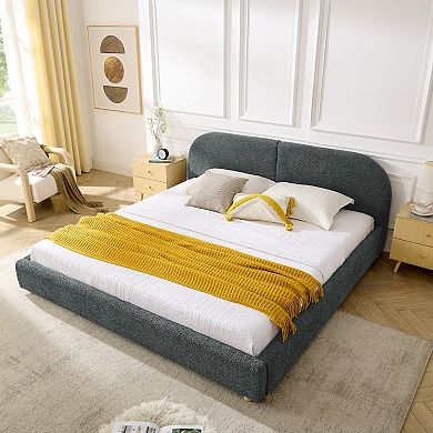Pnronnc Upholstered King Bed Frame with Curved Headboard Soft Fabric Grounded Platform Bed Frame