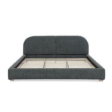 Pnronnc Upholstered King Bed Frame with Curved Headboard Soft Fabric Grounded Platform Bed Frame