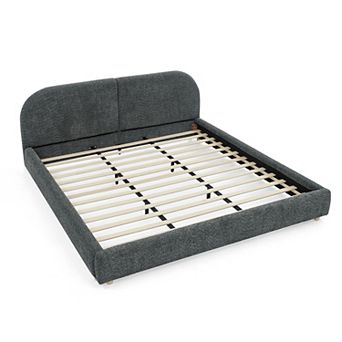 Pnronnc Upholstered King Bed Frame with Curved Headboard Soft Fabric Grounded Platform Bed Frame