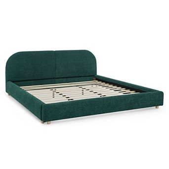 Pnronnc Upholstered King Bed Frame with Curved Headboard Soft Fabric Grounded Platform Bed Frame