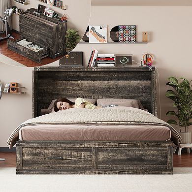 Pnronnc Queen Size Murphy Bed Cabinet Foldable Bed Frame with Storage Drawer, Charging Station