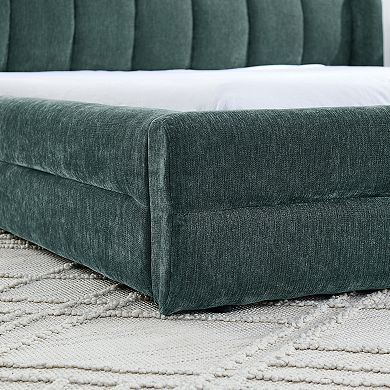 Pnronnc Upholstered Queen Grounded Platform Bed Frame Soft Chenille Fabric Wingback Headboard