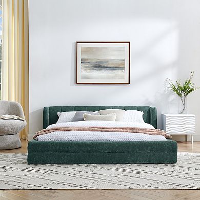 Pnronnc Upholstered Queen Grounded Platform Bed Frame Soft Chenille Fabric Wingback Headboard