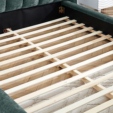 Pnronnc Upholstered Queen Grounded Platform Bed Frame Soft Chenille Fabric Wingback Headboard