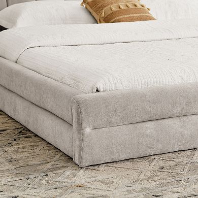 Pnronnc King Upholstered Grounded Bed Frame Low Profile Platform Bed with Wingback Headboard