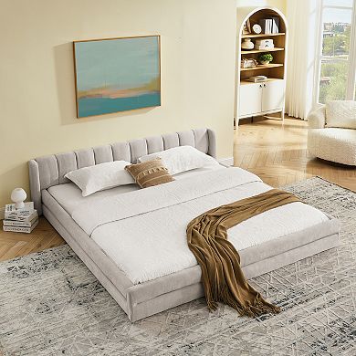 Pnronnc King Upholstered Grounded Bed Frame Low Profile Platform Bed with Wingback Headboard