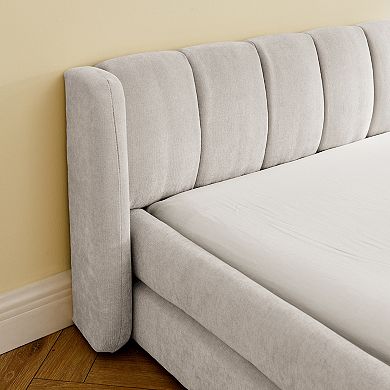 Pnronnc King Upholstered Grounded Bed Frame Low Profile Platform Bed with Wingback Headboard