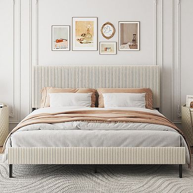 Pnronnc Upholstered Bed Frame King Platform Bed with Headboard Sturdy Metal Frame
