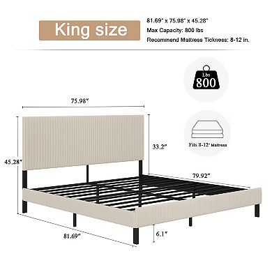 Pnronnc Upholstered Bed Frame King Platform Bed with Headboard Sturdy Metal Frame