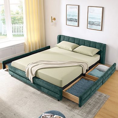 Pnronnc Queen Upholstered Low Profile Platform Grounded Bed Frame with 4 Drawers Wingback Headboard
