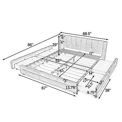 Pnronnc Queen Upholstered Low Profile Platform Grounded Bed Frame with 4 Drawers Wingback Headboard