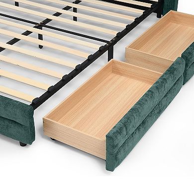 Pnronnc Queen Upholstered Low Profile Platform Grounded Bed Frame with 4 Drawers Wingback Headboard