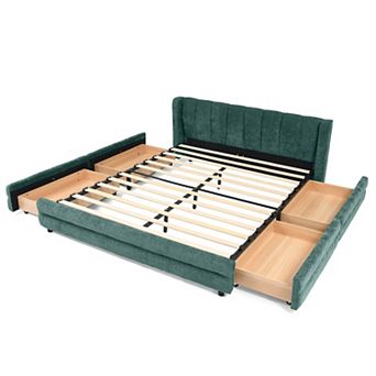 Pnronnc Queen Upholstered Low Profile Platform Grounded Bed Frame with 4 Drawers Wingback Headboard