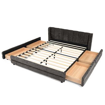 Pnronnc Queen Upholstered Low Profile Platform Grounded Bed Frame with 4 Drawers Wingback Headboard