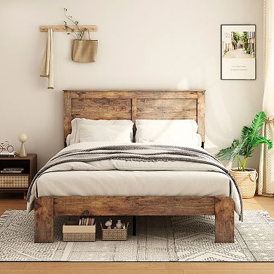 Pnronnc Wooden Platform Bed Frame with Headboard Wood Slats Metal Frame
