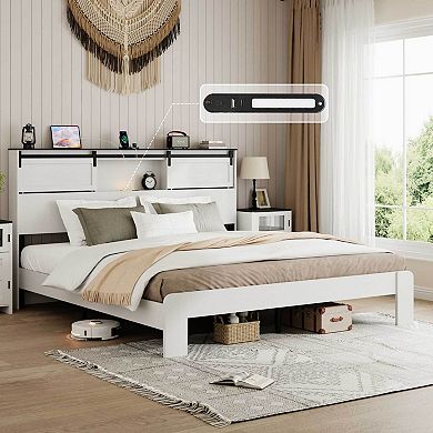 Pnronnc Wood Platform Bed Frame w/LED Charging Station Sliding Door Headboard Metal Frame