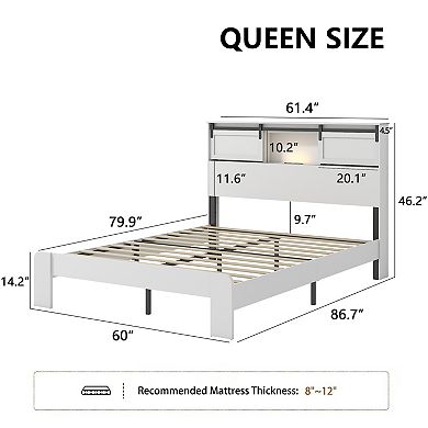Pnronnc Wood Platform Bed Frame w/LED Charging Station Sliding Door Headboard Metal Frame