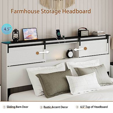 Pnronnc Wood Platform Bed Frame w/LED Charging Station Sliding Door Headboard Metal Frame
