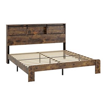 Pnronnc Wood Platform Bed Frame w/LED Charging Station Sliding Door Headboard Metal Frame
