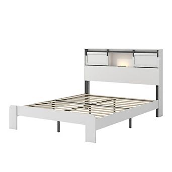 Pnronnc Wood Platform Bed Frame w/LED Charging Station Sliding Door Headboard Metal Frame