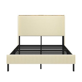 Pnronnc Upholstered Platform Bed Frame with Charging Station LED Wingback Headboard Metal Bed Frame