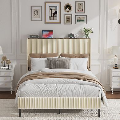 Pnronnc Upholstered Platform Bed Frame with Charging Station LED Wingback Headboard Metal Bed Frame