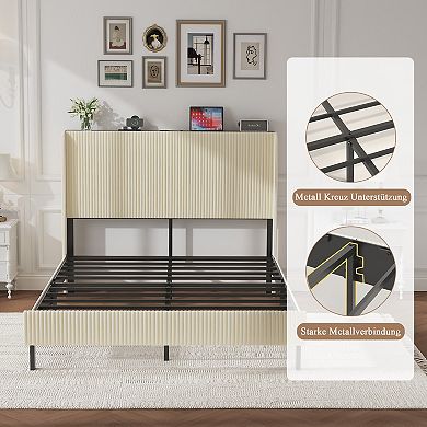 Pnronnc Upholstered Platform Bed Frame with Charging Station LED Wingback Headboard Metal Bed Frame