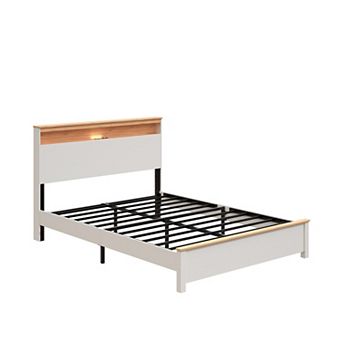 Pnronnc Wooden Bed Frame Antique White Platform Bed with LED Charging Station Storage Headboard