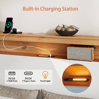 Pnronnc Wooden Bed Frame Antique White Platform Bed with LED Charging Station Storage Headboard