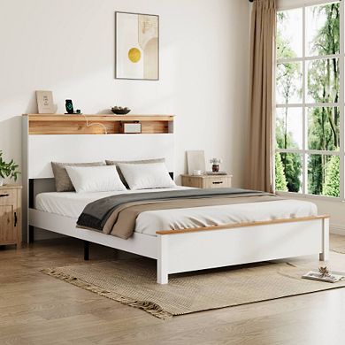 Pnronnc Wooden Bed Frame Antique White Platform Bed with LED Charging Station Storage Headboard