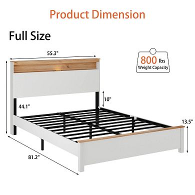 Pnronnc Wooden Bed Frame Antique White Platform Bed with LED Charging Station Storage Headboard
