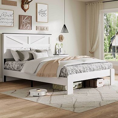 Pnronnc Bed Frame Wood Platform Bed with Headboard Metal Slat Support