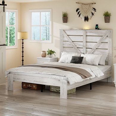 Pnronnc Wood Bed Frame Platform Bed with 51.2'' High Headboard Metal Slat Support