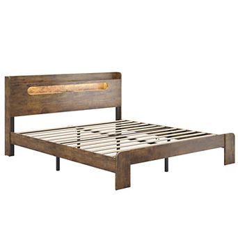 Pnronnc Bed Frame Wood Platform Bed with LED Charging Station Storage Headboard