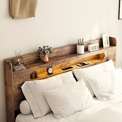 Pnronnc Bed Frame Wood Platform Bed with LED Charging Station Storage Headboard