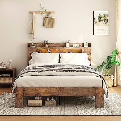 Pnronnc Bed Frame Wood Platform Bed with LED Charging Station Storage Headboard