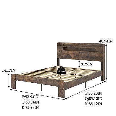 Pnronnc Bed Frame Wood Platform Bed with LED Charging Station Storage Headboard