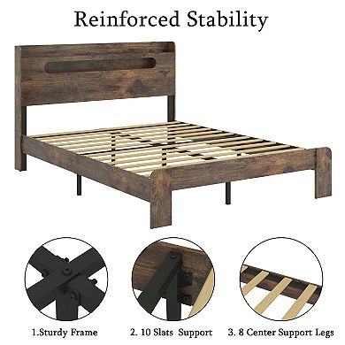 Pnronnc Bed Frame Wood Platform Bed with LED Charging Station Storage Headboard