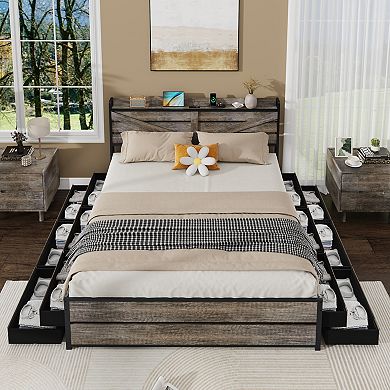 Pnronnc Storage Bed Frame Queen Platform Bed with 12 Drawers Charging Station Bookcase Headboard