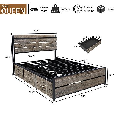 Pnronnc Storage Bed Frame Queen Platform Bed with 12 Drawers Charging Station Bookcase Headboard