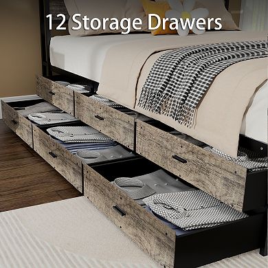 Pnronnc Storage Bed Frame Queen Platform Bed with 12 Drawers Charging Station Bookcase Headboard