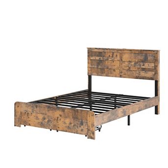 Pnronnc Wood Bed Frame with 2 Drawers LED Charging Station Headboard Metal Slat Support