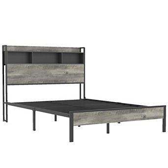 Pnronnc Bed Frame with Headboard Storage Shelf and Charging Station Metal Slats Support