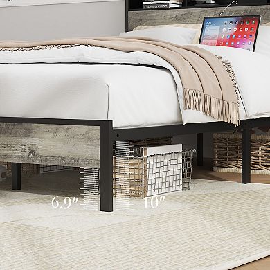 Pnronnc Bed Frame with Headboard Storage Shelf and Charging Station Metal Slats Support