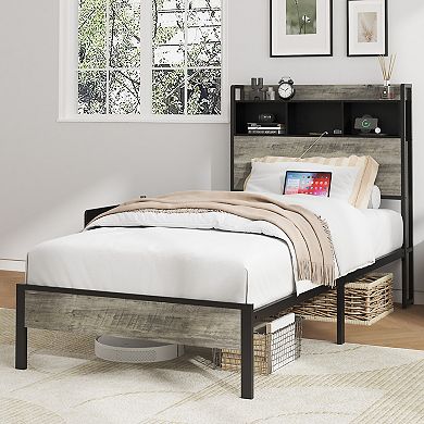 Pnronnc Bed Frame with Headboard Storage Shelf and Charging Station Metal Slats Support