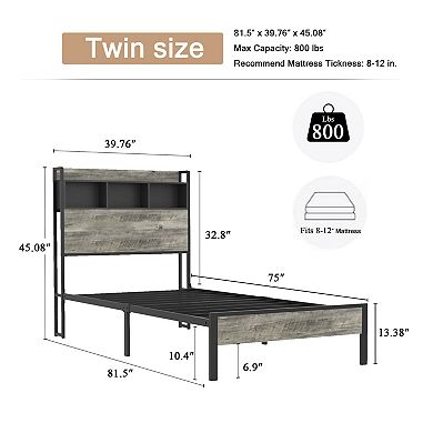 Pnronnc Bed Frame with Headboard Storage Shelf and Charging Station Metal Slats Support